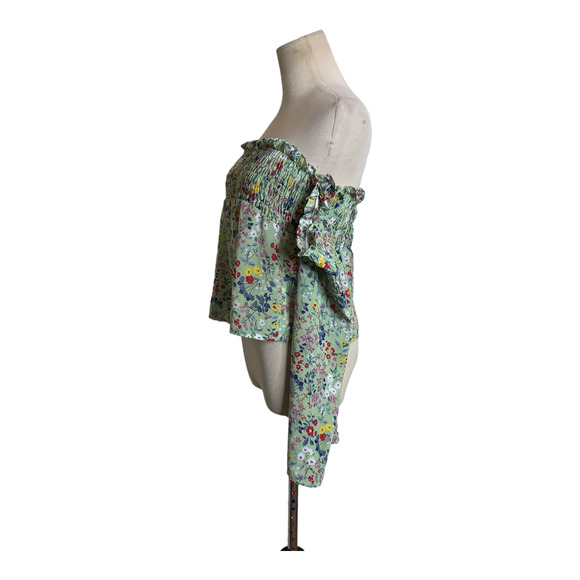 Glamorous green floral long sleeves off shoulders cropped top size Medium - Picture 2 of 11